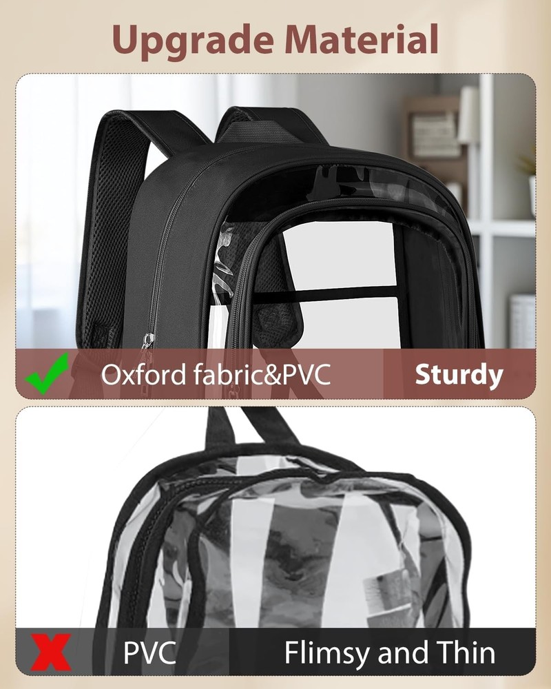 Clear Backpack, Fabric & PVC Transparent Backpack with Large, Black