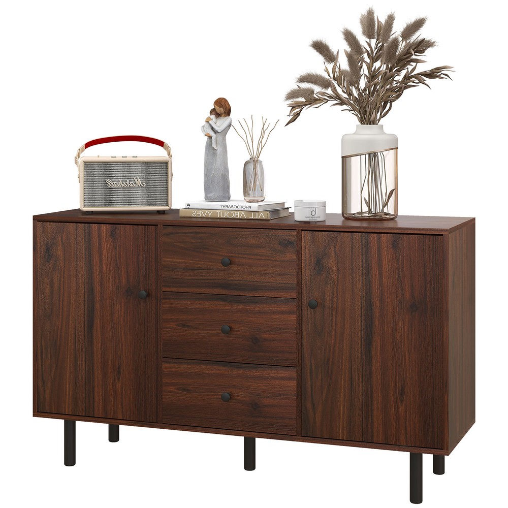Retro Sideboard with 2 Cabinets 3 Drawers, Buffet Table Rustic Brown