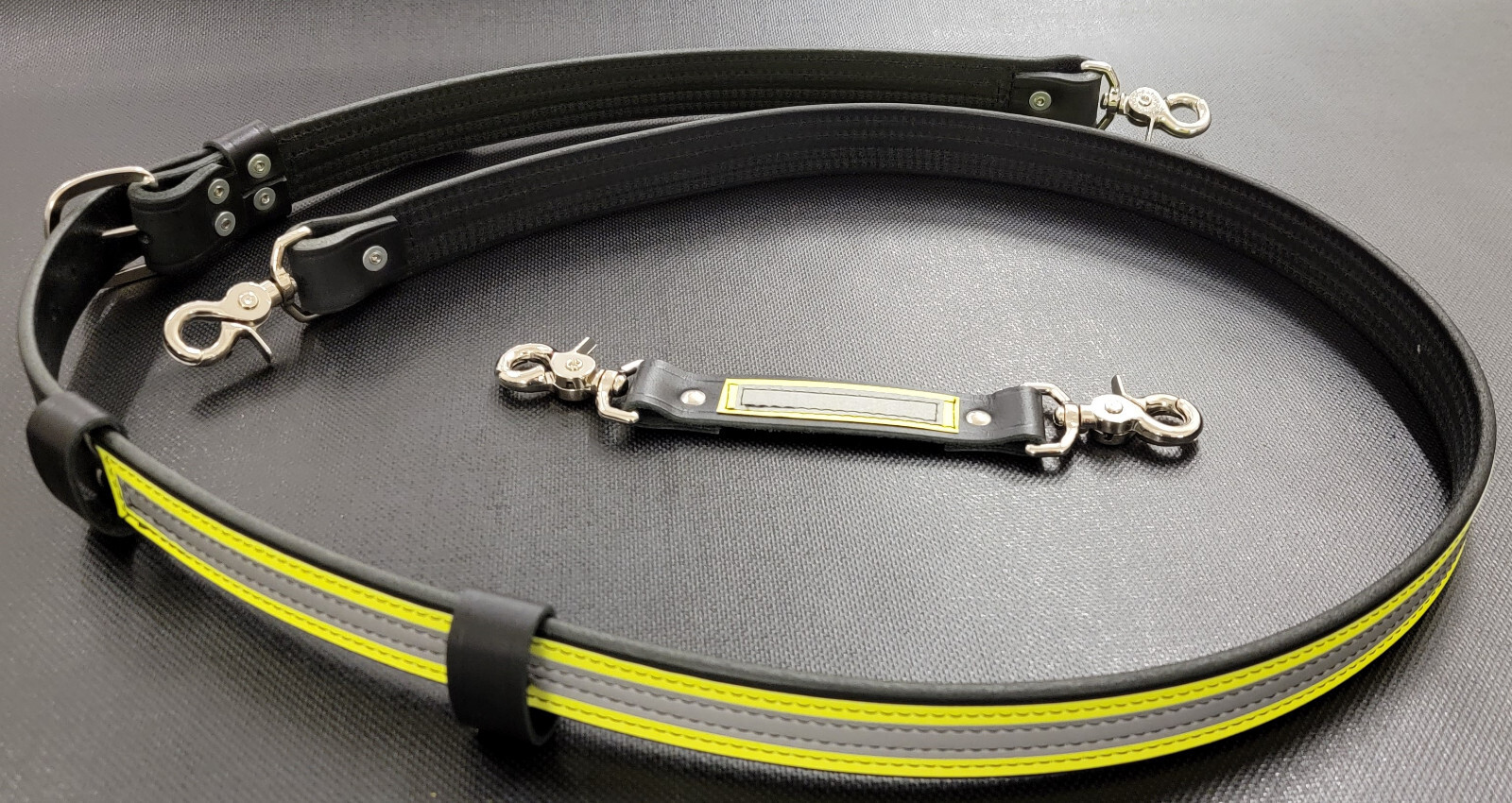 Firefighter Yellow/Silver Reflective Leather Radio Strap Set - XL Length