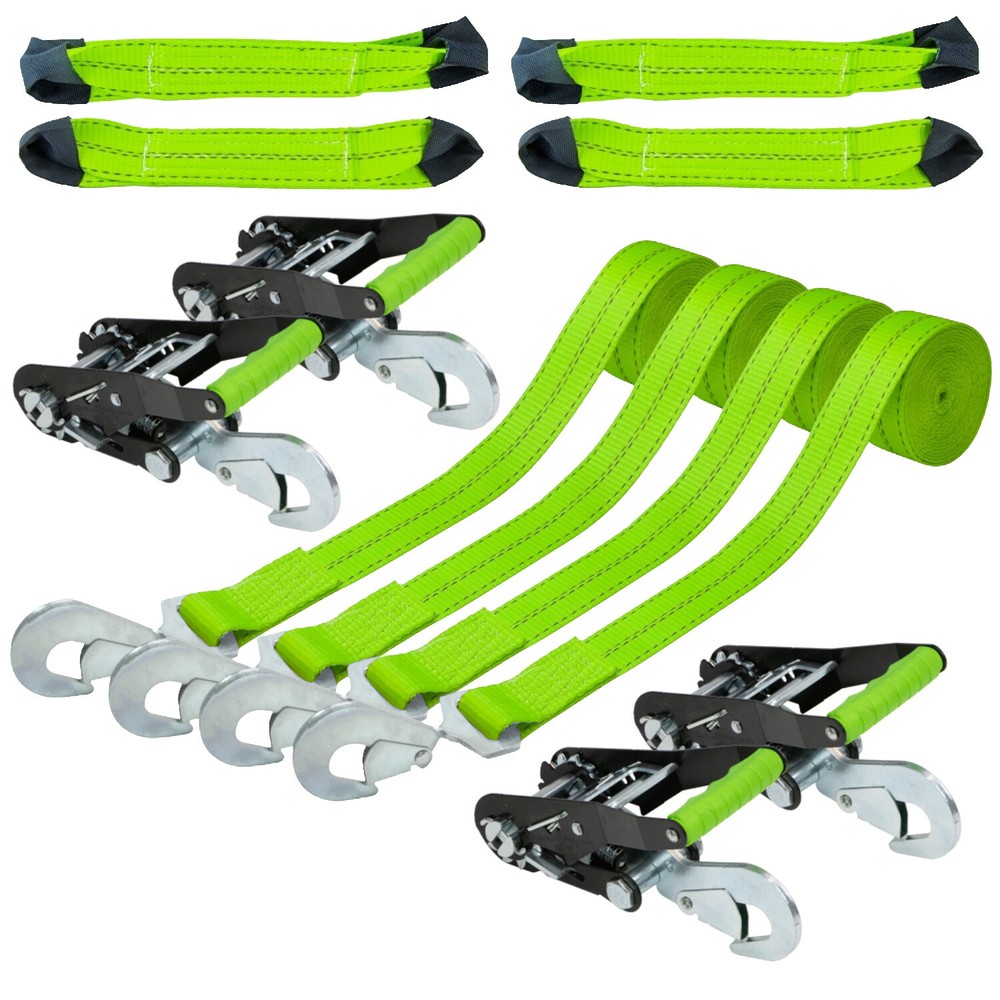 VULCAN 8-Point Car Tie Down Kit - Snap Hooks On Both Ends, 4 Pack - High-Viz