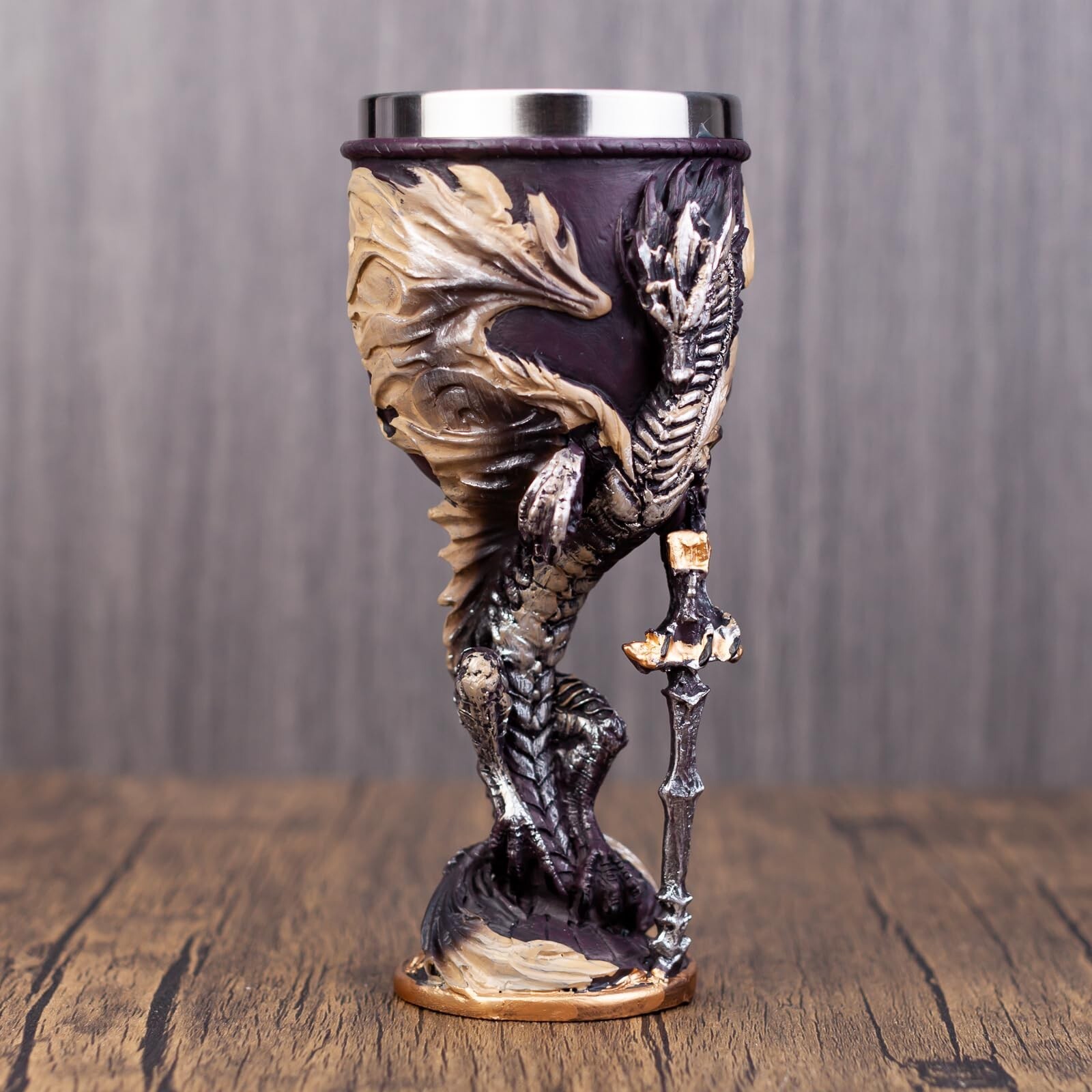 Medieval Flame Dragon Holding Sword Goblet Resin Wine Cup with Stainless Stee...