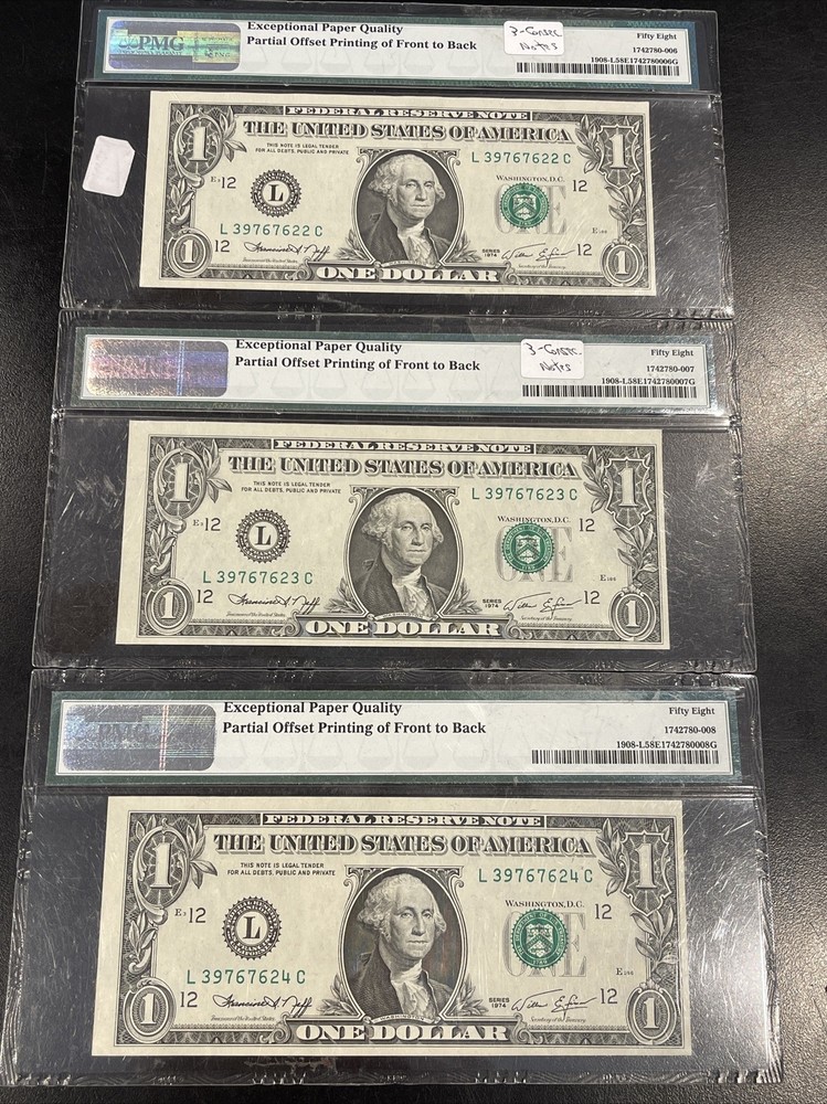 3x Error PMG 58 EPQ FRN $1 Consecutive Serial Notes 1974