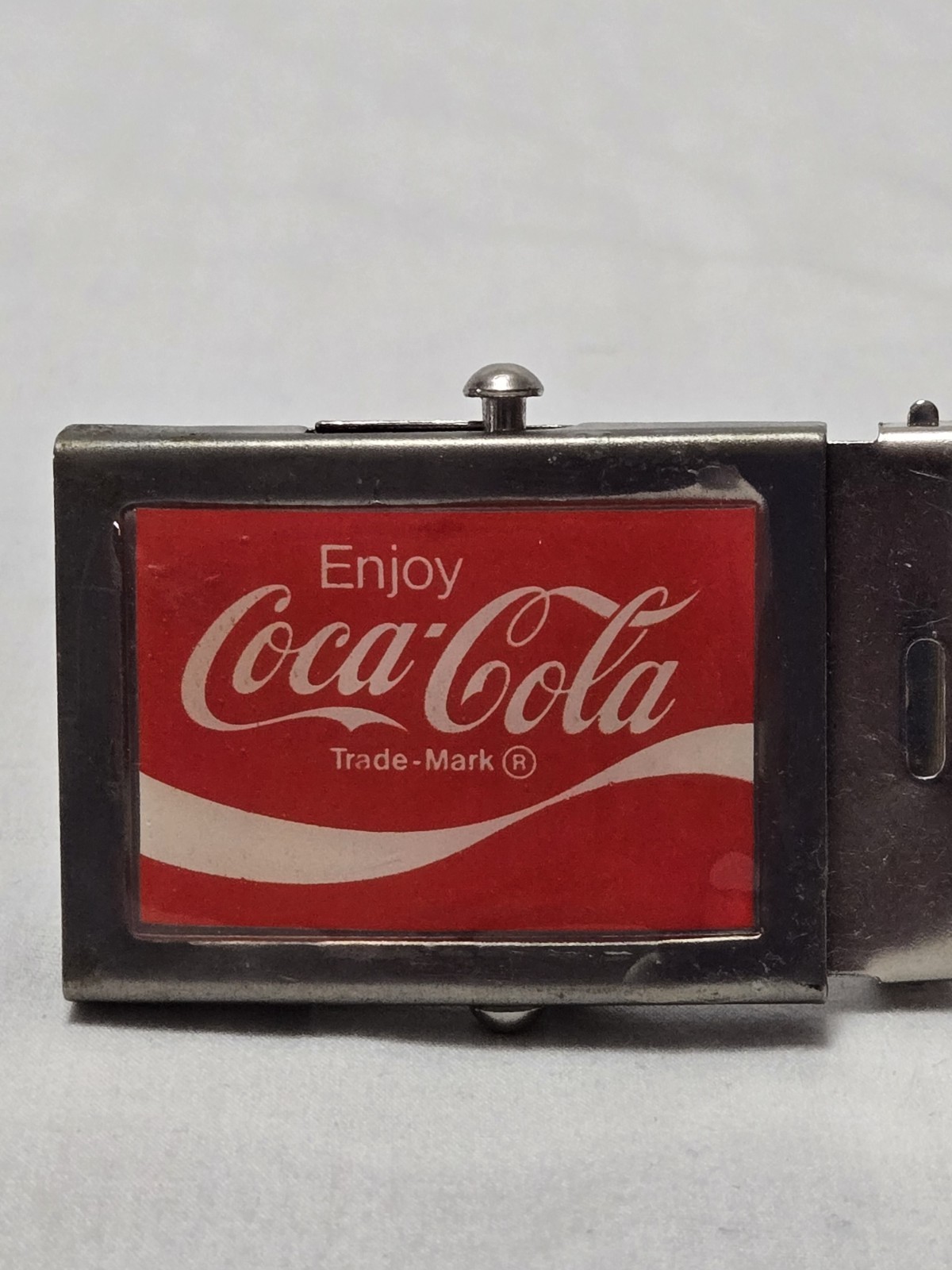 Vintage Coca-Cola Belt Buckle Solid Brass Coke Soda Pop Advertising Red & White