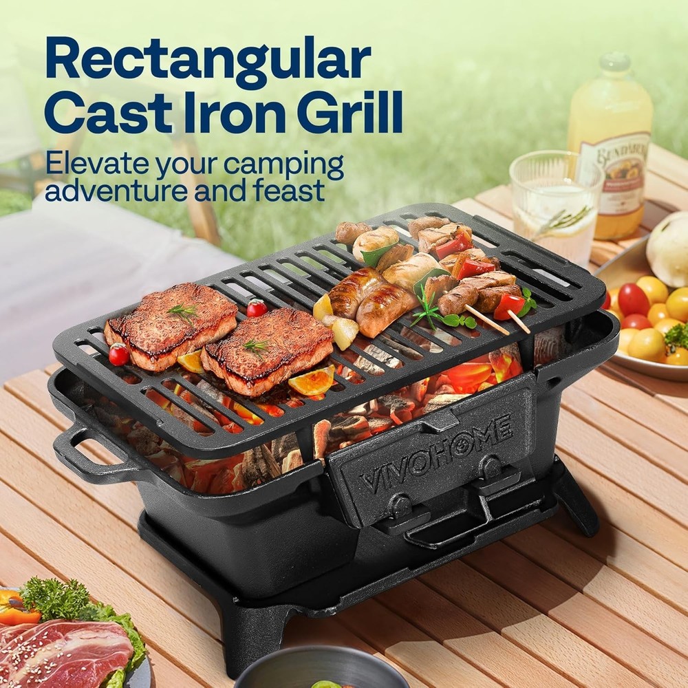 Portable Charcoal Grill Cast Iron Double Sided Grate Tabletop BBQ