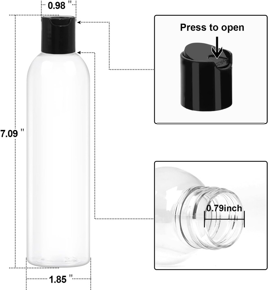 2 Pack 8 oz Plastic Squeeze Bottles with Black Disc Caps Refillable Clear Empty