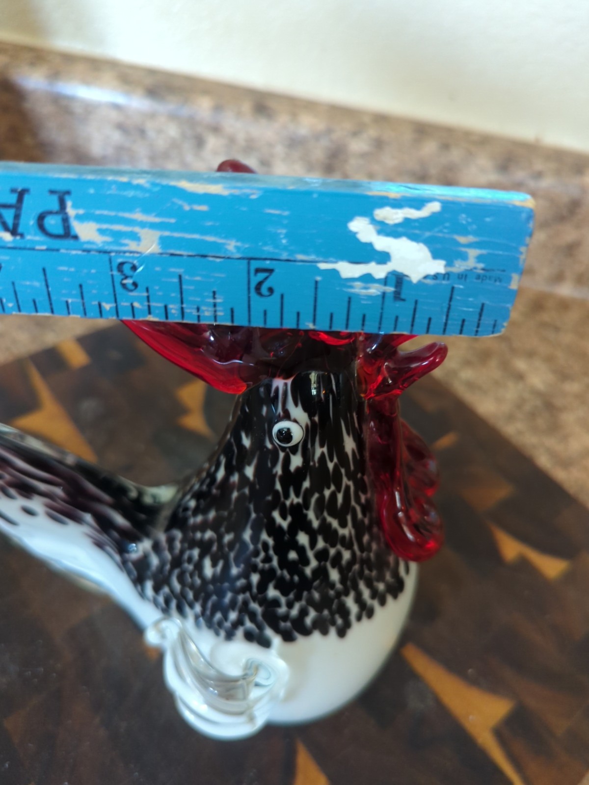 Black White Red Art Glass Heavy Rooster Bird Figurine Farm Decor Paperweight