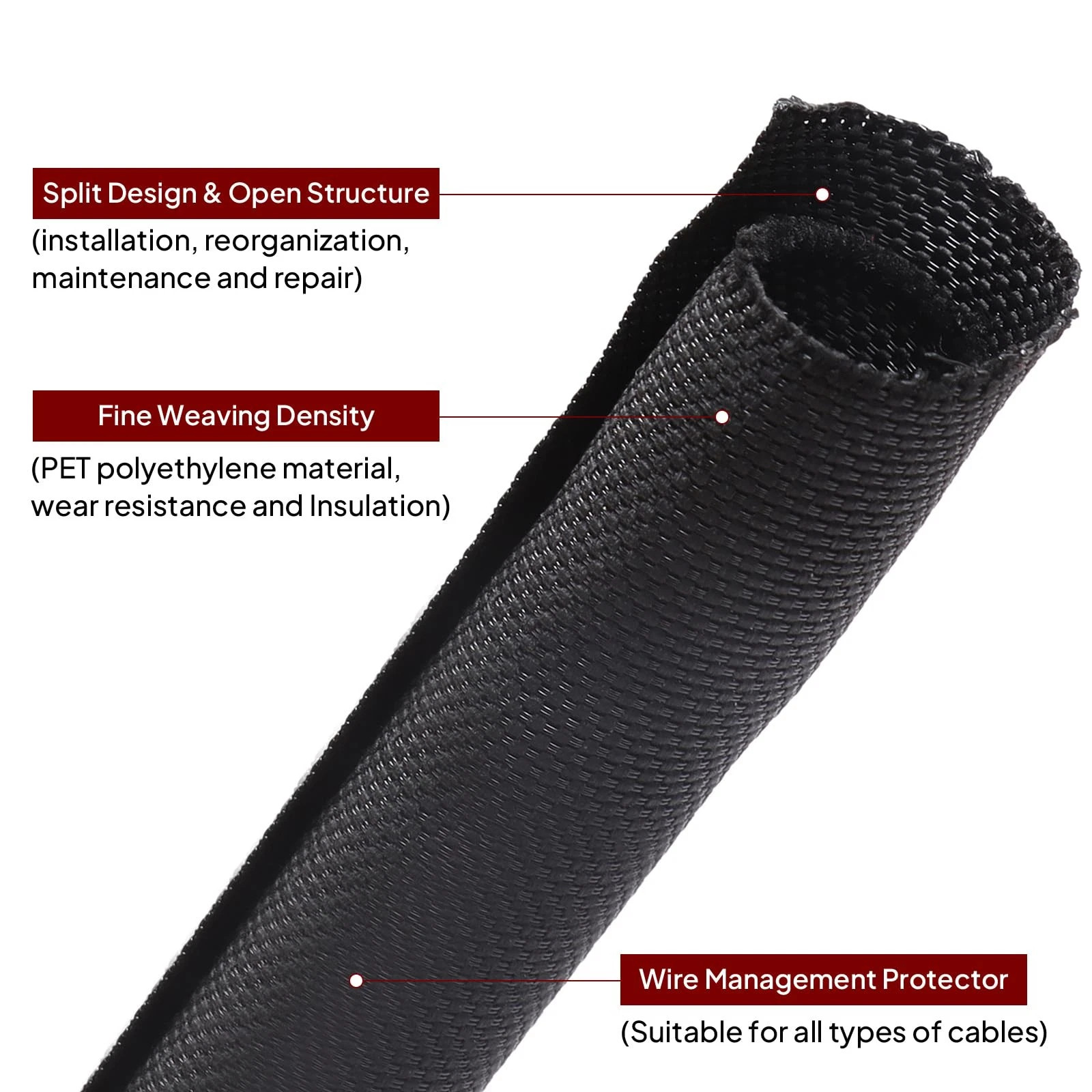 Black Split Wire Loom Braided Cable Sleeve Wires Harness Wrap Cord Protect US