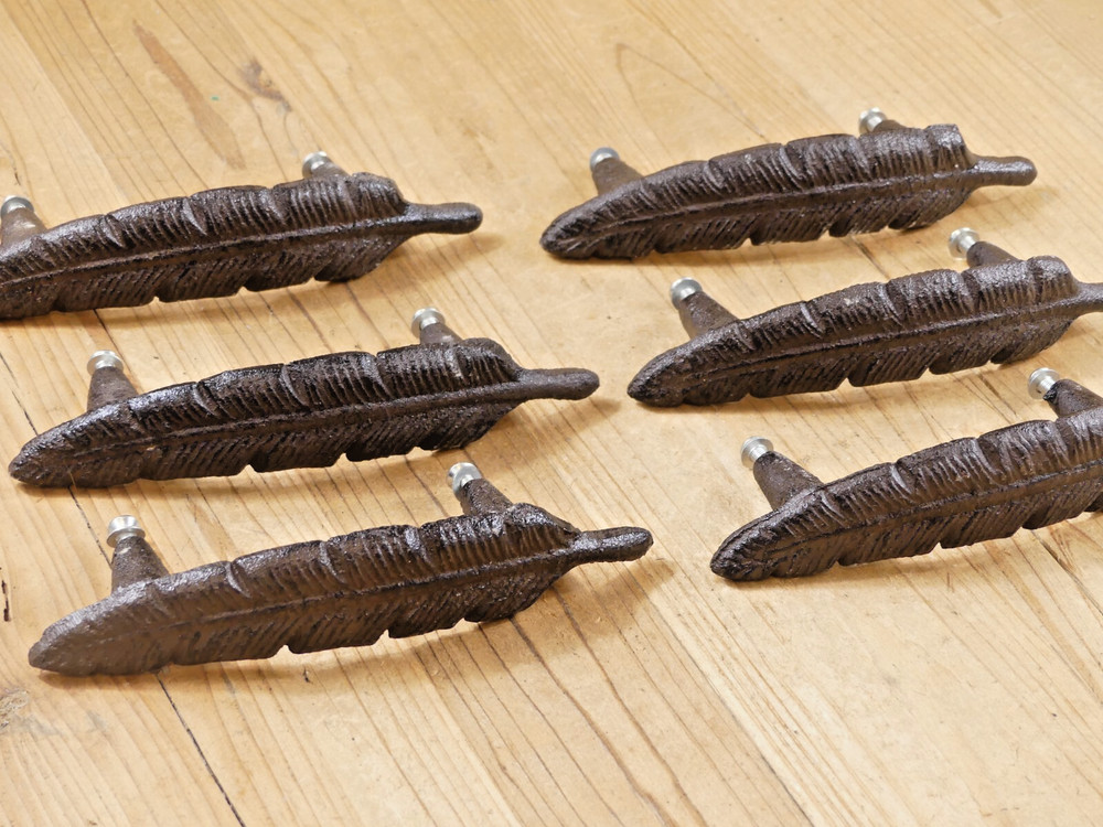 10 Drawer Pulls W/ Screws Handles Knobs Rustic Feather Cast Iron Dresser Kitchen