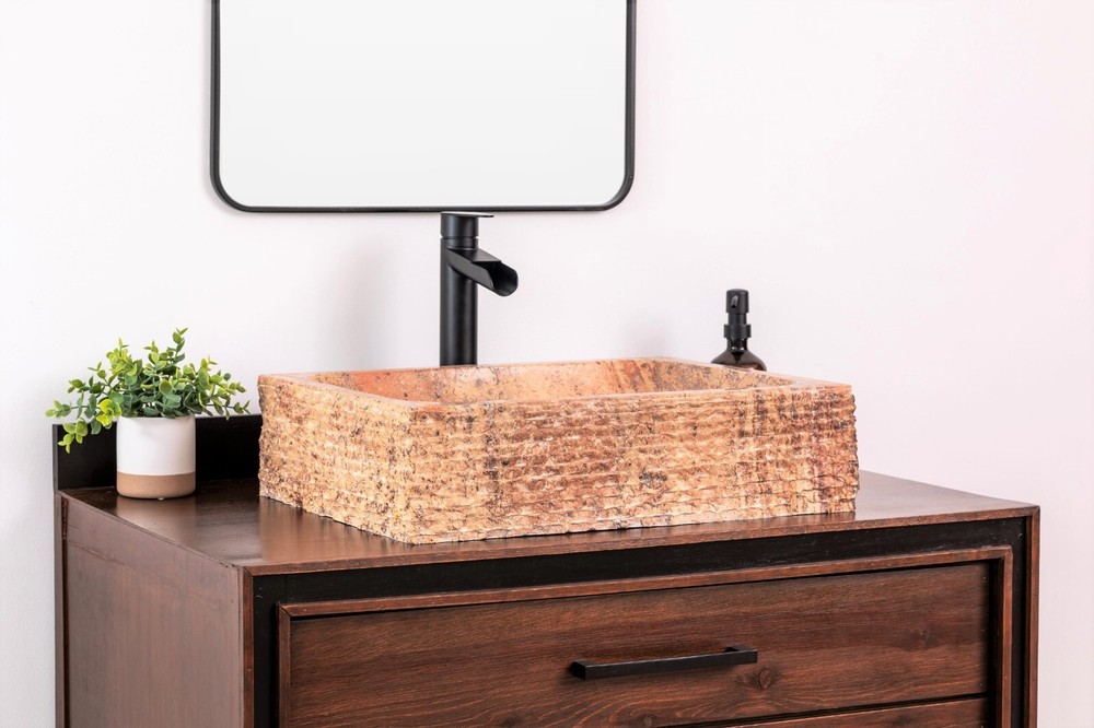 Natural Stone Vessel Bathroom Sink - Rustic Rectangular Peach Travertine