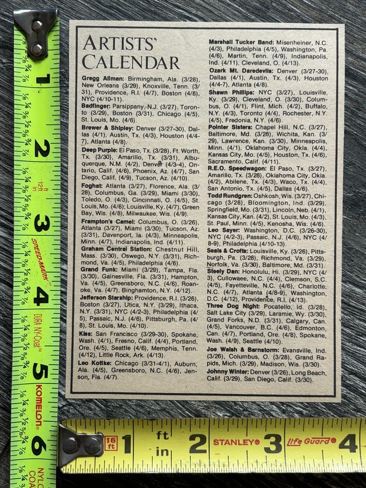 KISS Concert Ad 1st Tour Calendar 1974 Original Show Dates Vintage Kiss Aucoin A