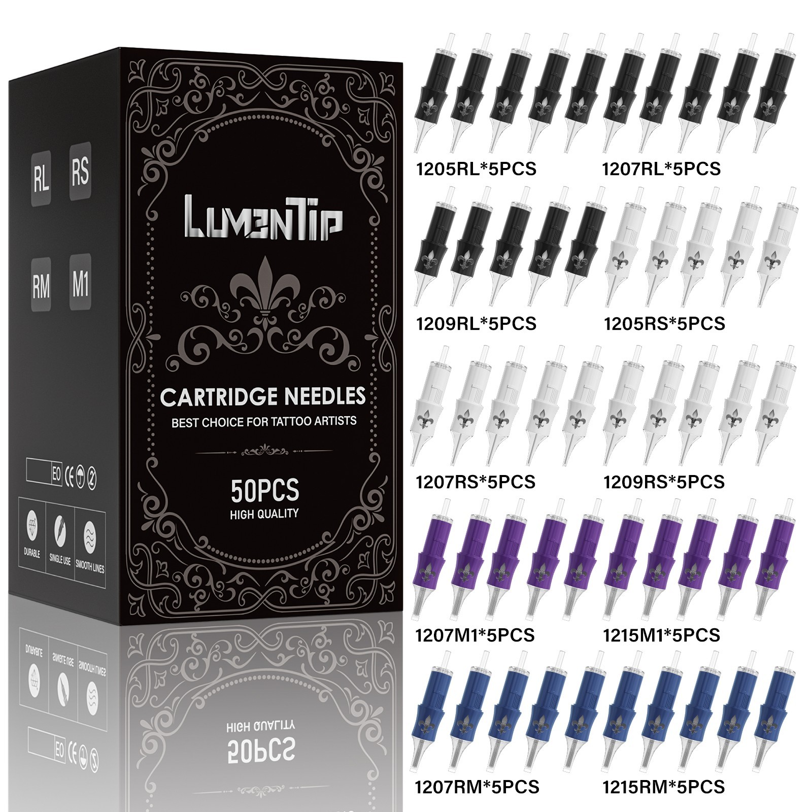 50Pcs Mixed Professional Sterile Tattoo Needle Cartridges Size RL RM RS M1