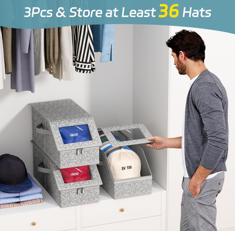 AOODA 3 PCS Stackable Hat Storage for Baseball Caps, Holds up to 36 Caps Cap Org
