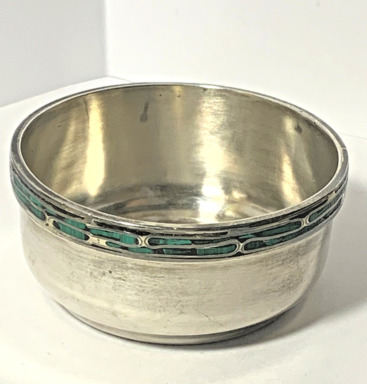 Vintage Sterling Silver Bowl Dish with Inlay Malachite Stone Mid Century Modern