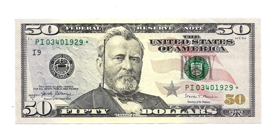 50 DOLLAR 2017A STAR NOTE INK LINE ERROR ON OBVERSE