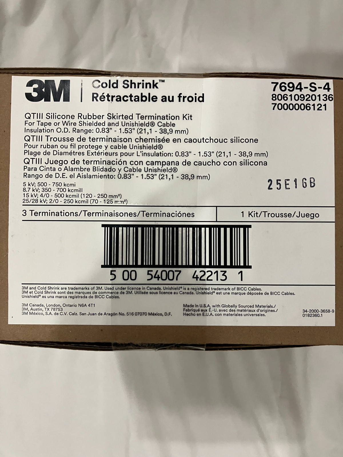 3M 7694-S-4 QTIII COLD SHRINK Silicon Rubber Skirted Termination Kit Qty1