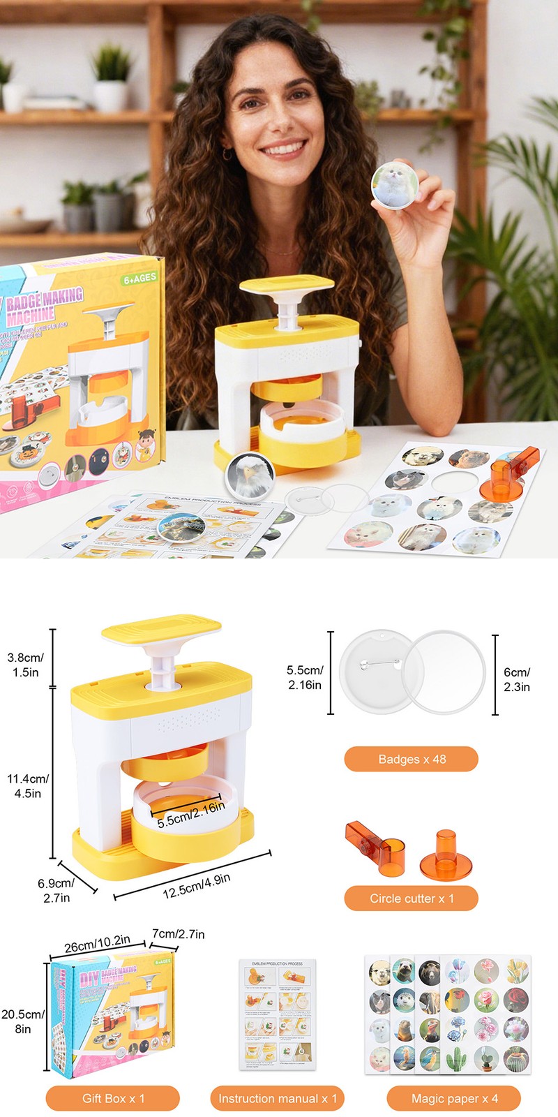 Badge Making Machine Kit 48 Patterns DIY Button Pin Maker w/ Cutter Magic Paper