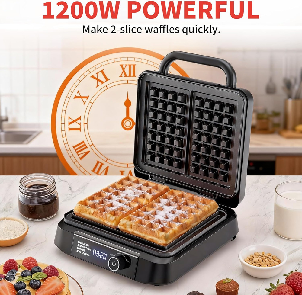 Waffle Maker, 1200W Belgian Waffle Maker, Dual Rectangular Thick Waffle Iron, 7-