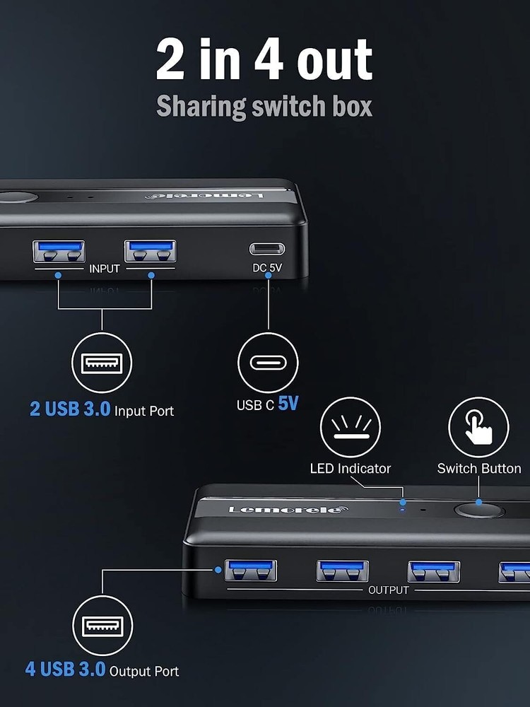USB 3.0 Switch Selector 2 Computer Sharing 4 Devices Peripheral KVM Switcher Box