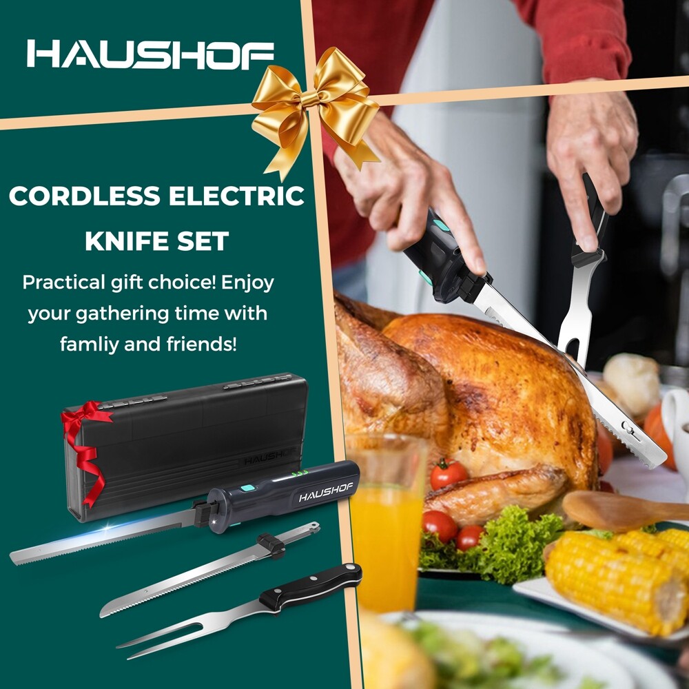 HAUSHOF 8V Cordless Electric Knife Set Meat Cutter Stainless Steel Blades w/Case