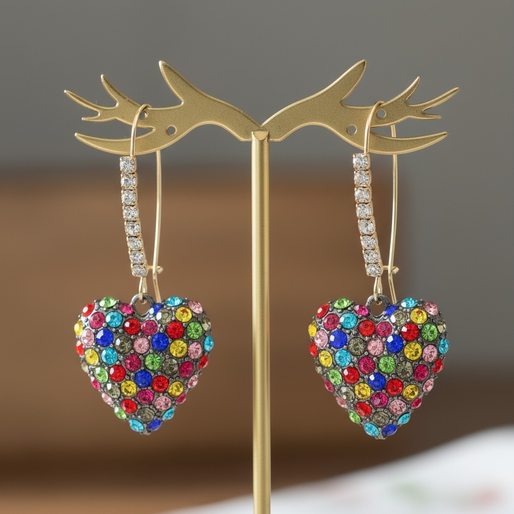 Betsey Johnson Stone Heart Dangle Earrings Rainbow Pave Stones Crystal Accents.