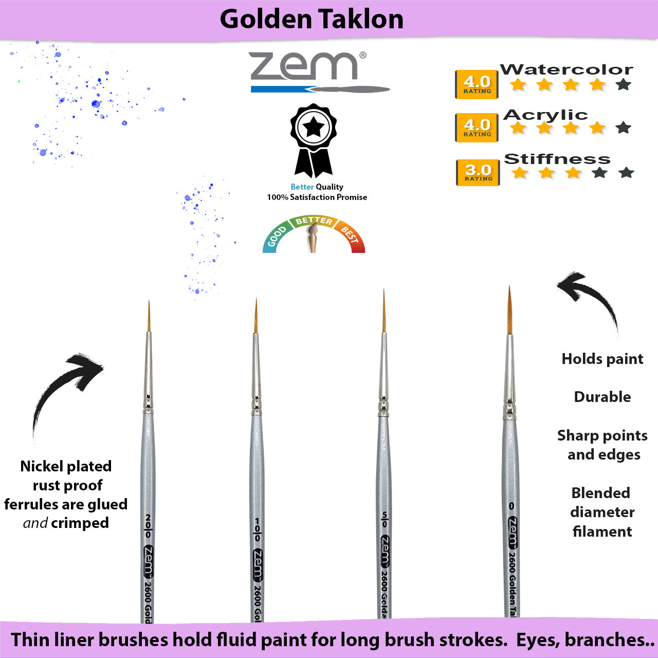 AS-26 Golden Taklon Synthetic Long Liner Brush Set 4 pcs