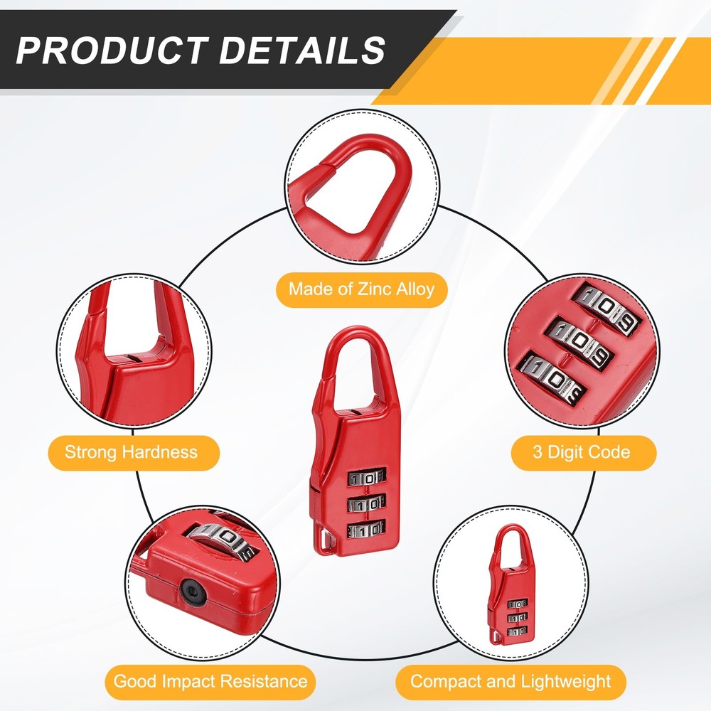 3Pcs Resettable 3 Digit Combination Lock Code Padlock, Red (55 x 21mm)