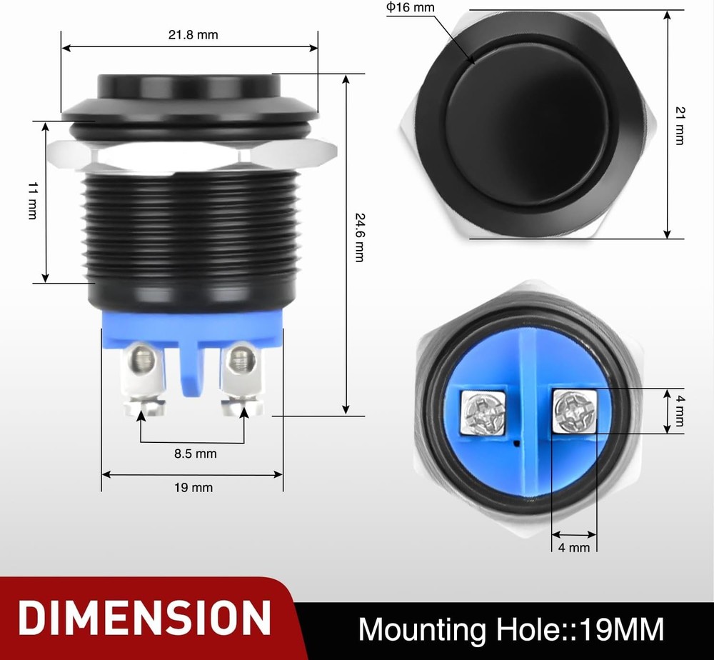 Nilight 19mm Momentary Push Button Switch 12V Waterproof Black 2 PIN 2PCS