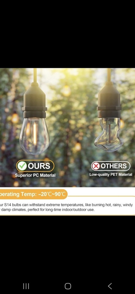 Outdoor Patio String Light 15 Bulbs Shatterproof Waterproof S14 LED Replacement