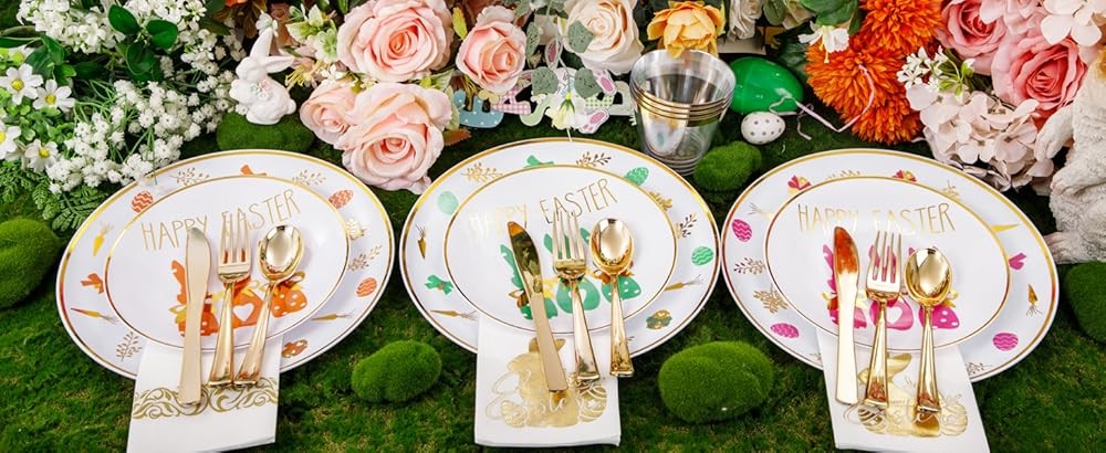 Easter Plastic Plates, Bunny Plastic Disposable Dinnerware Set