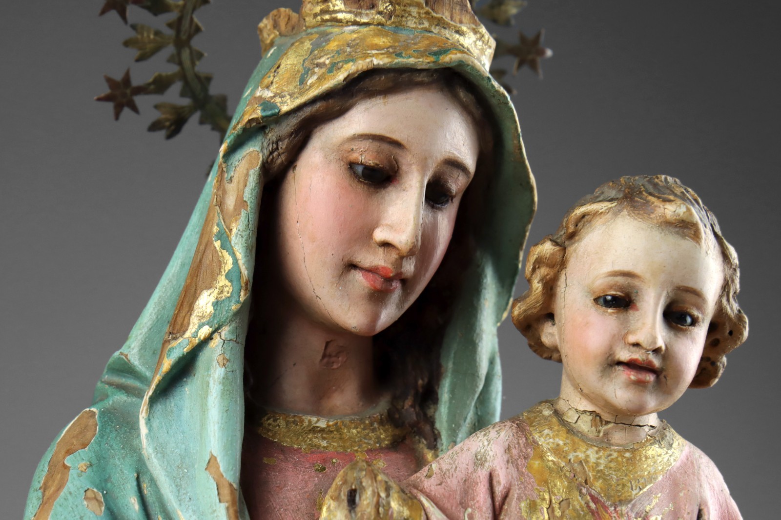 Antique 19th Century Carved Wood Polychrome Virgin Mary Madonna & Child Statue