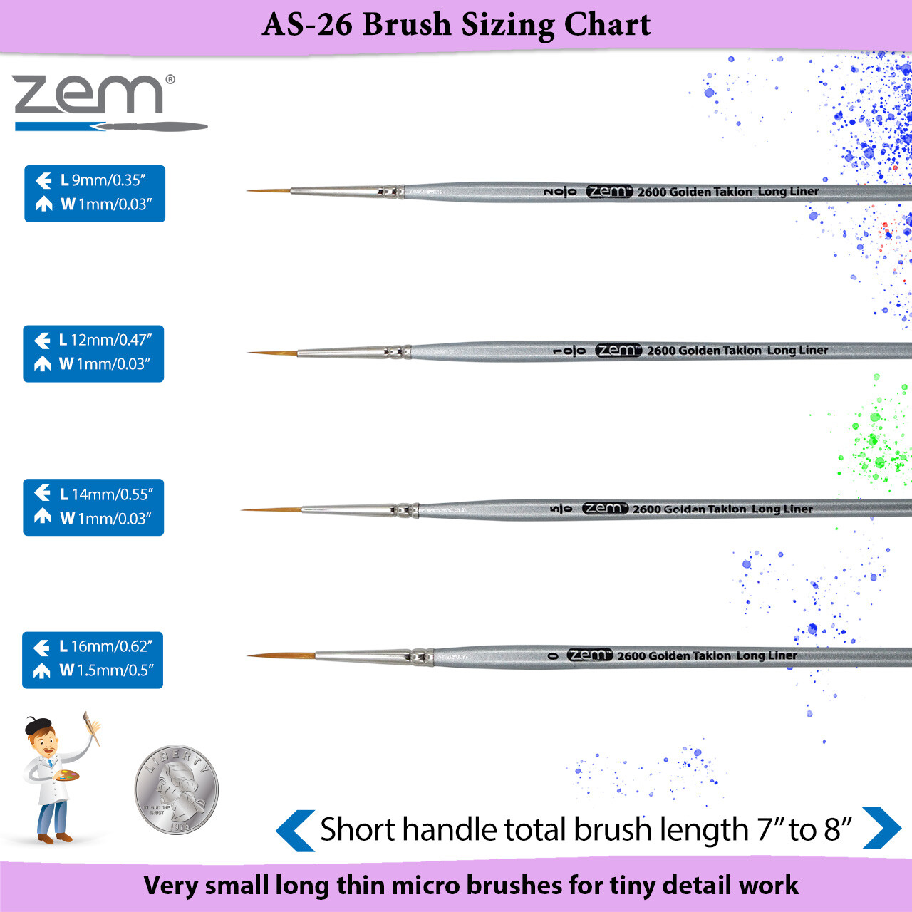 AS-26 Golden Taklon Synthetic Long Liner Brush Set 4 pcs