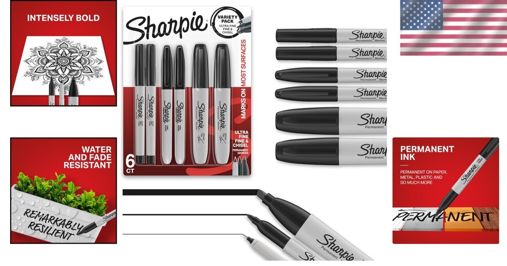 Versatile Black Permanent Marker Set - 6 Count, Chisel & Fine Tips for All Ages