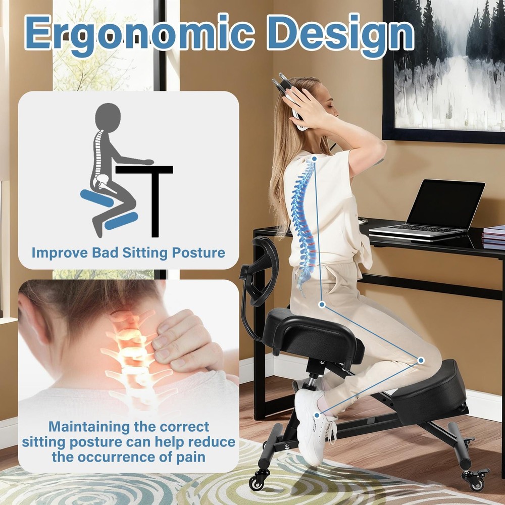 Ergonomic Kneeling Chair with Back Support Adjustable Stool Upright Back Posture