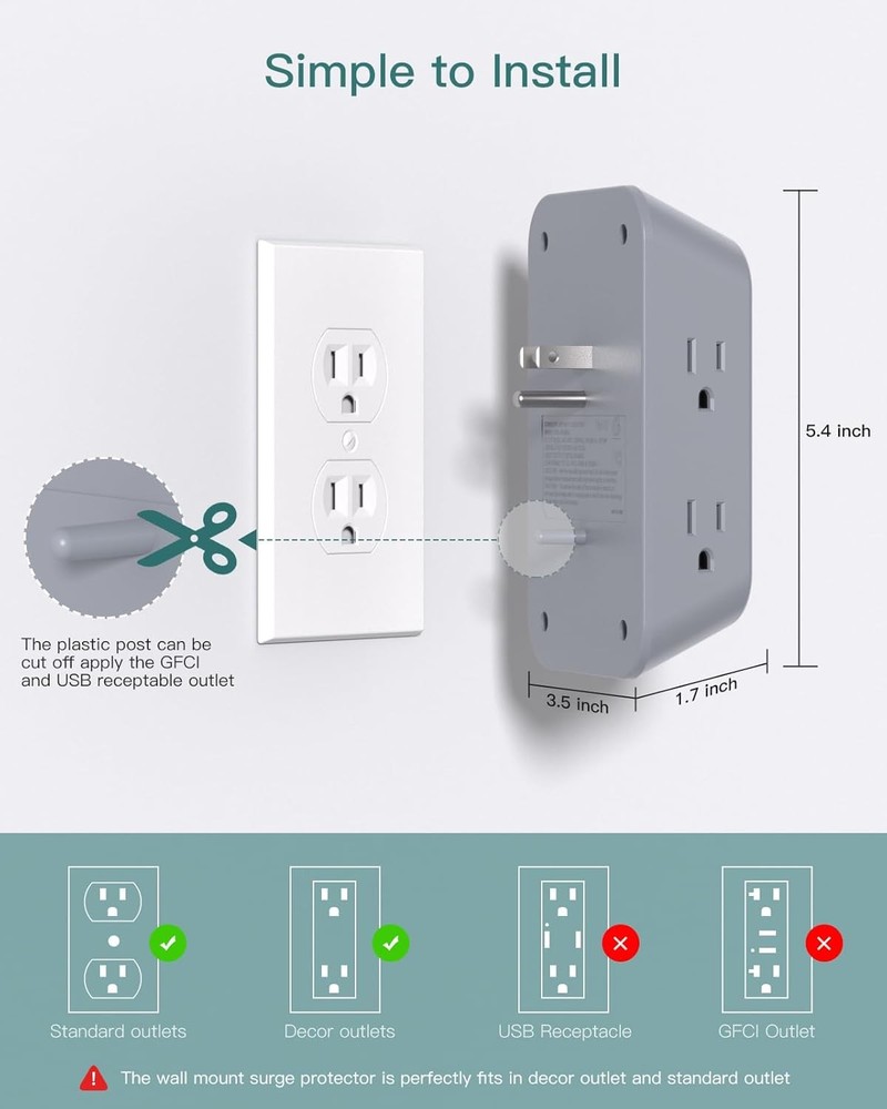 Surge Protector Outlet Extender Multi Plug Wall 2C2A-PD20W Gray