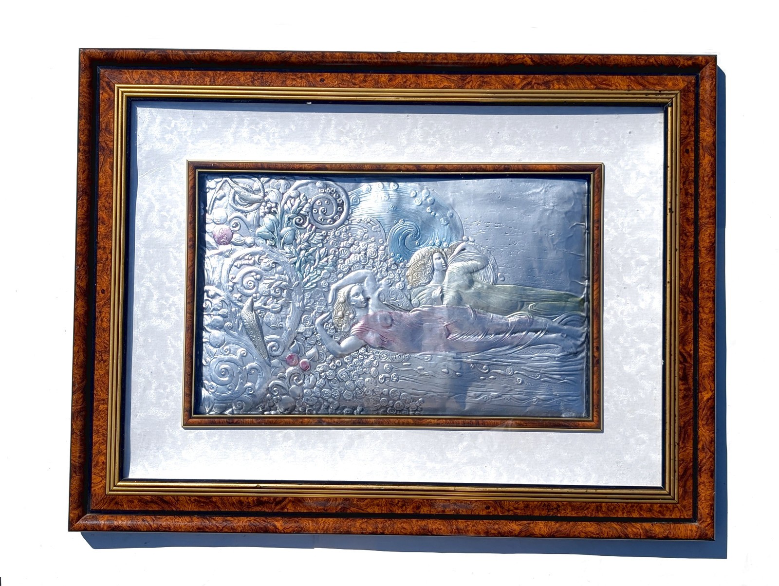 Large Vtg Art Nouveau Sterling Silver Argento Italy Colored Framed Art Plaque