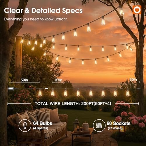 200FT Outdoor String Lights with Remote - Waterproof Dimmable LED Patio Lights,