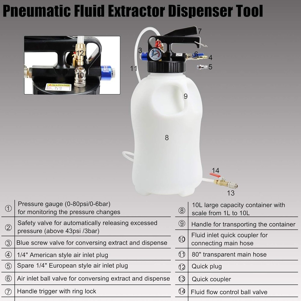 High-Capacity 10L Pneumatic Fluid Extractor with Easy Bidirectional Operation