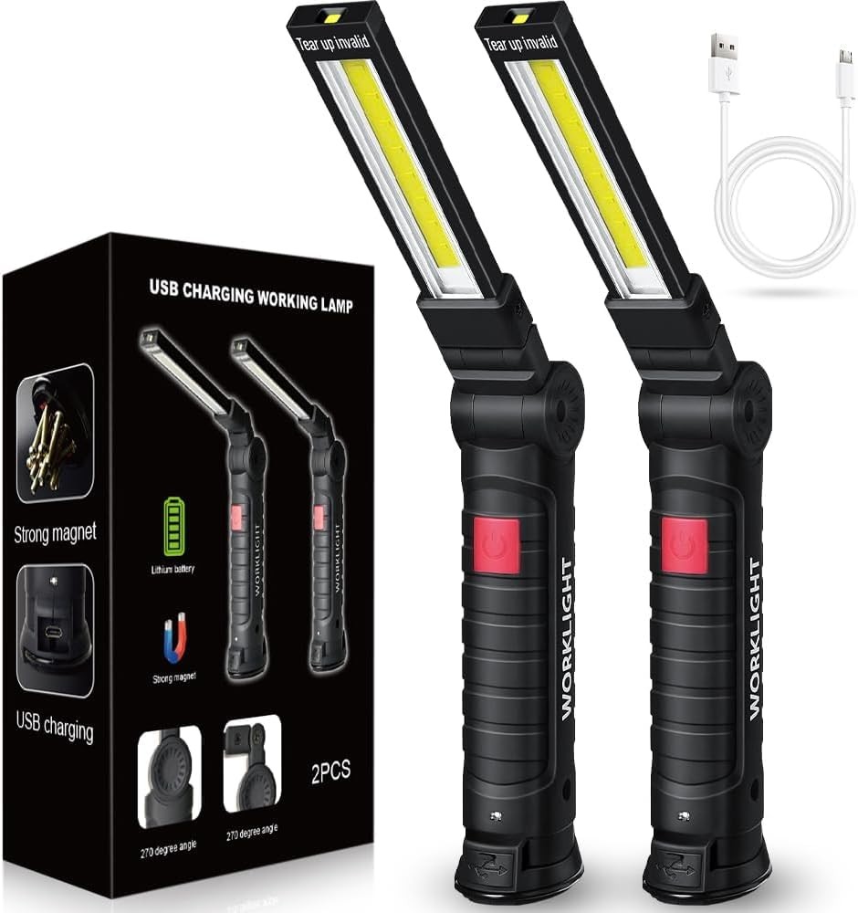 2 Pack LED Work Lights USB Rechargeable Flashlight w/ Magnetic Base for Workshop