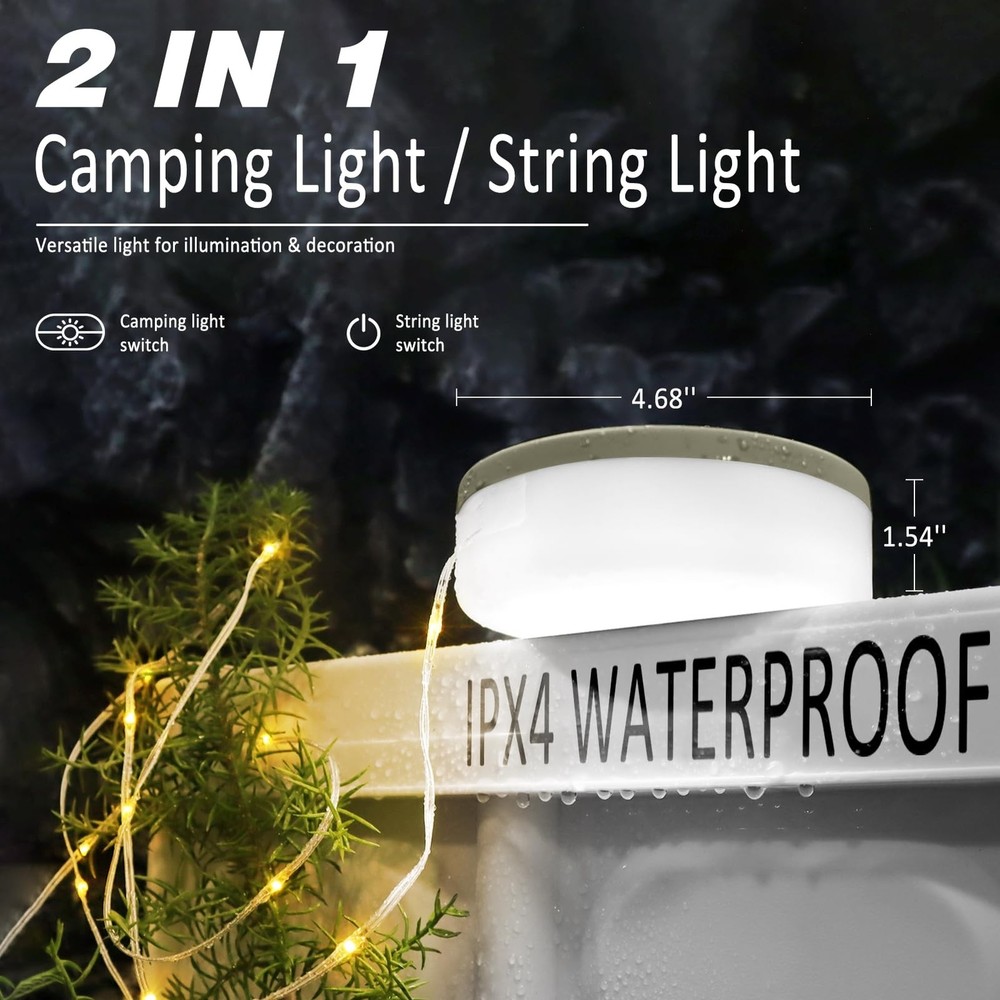 DIBMS 1-Pack Camping String Light w/Lamp, 32.8FT Rechargeable Waterproof LED ...