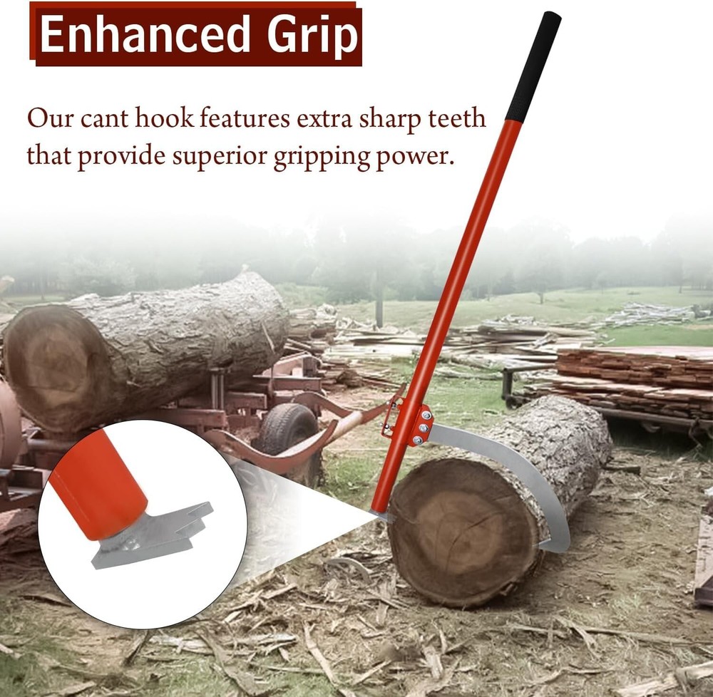 Cant Hook - 48" Wood Log Moving Tool With Adjustable Hook & Rubber Grip Handle