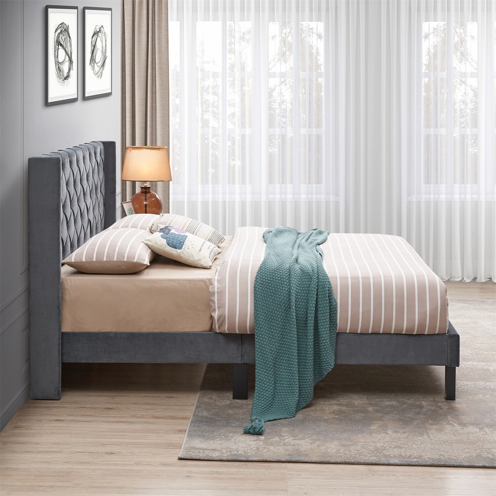 Queen Size Bed Frame Upholstered Platform Bed w/ Upholstered Headboard US