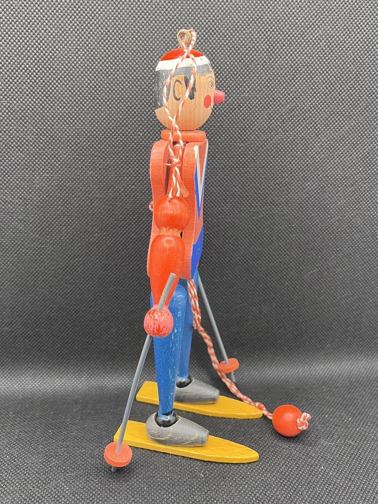 Vintage Wood Pull String Skiing Boy Puppet Austria Jumping Jack READ