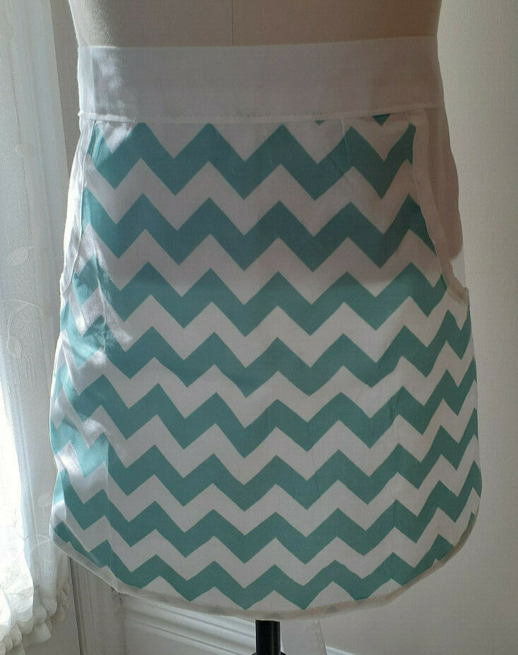 Half Apron Short Server Catering *Teal Chevron Deep Scoop Pockets 100% Cotton
