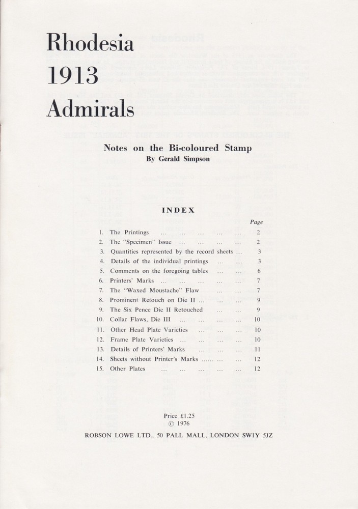 Rhodesia 1913 Admirals, by Gerald Simpson, NEW pamphlet