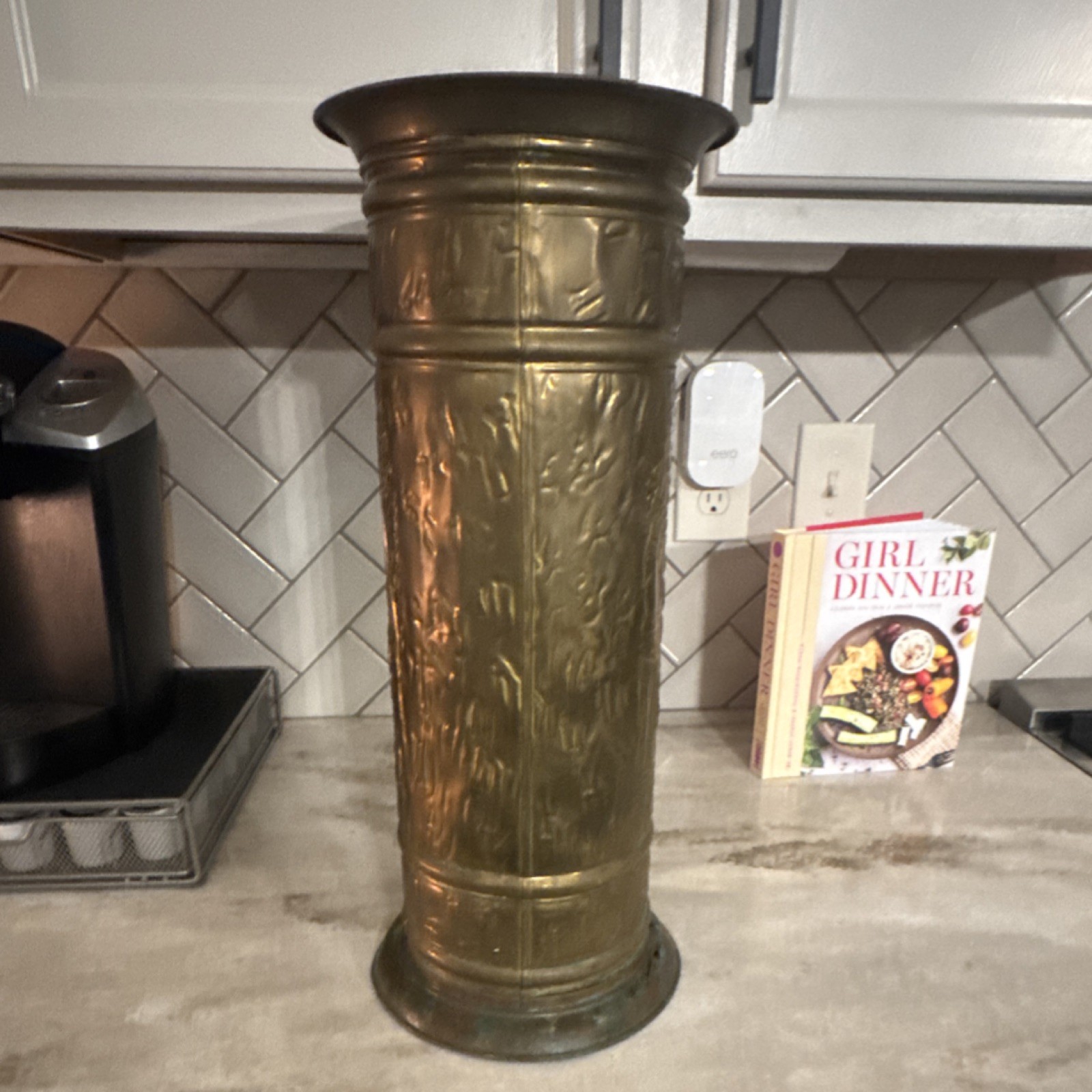 Antique Vintage Brass Embossed Figural Umbrella Stand