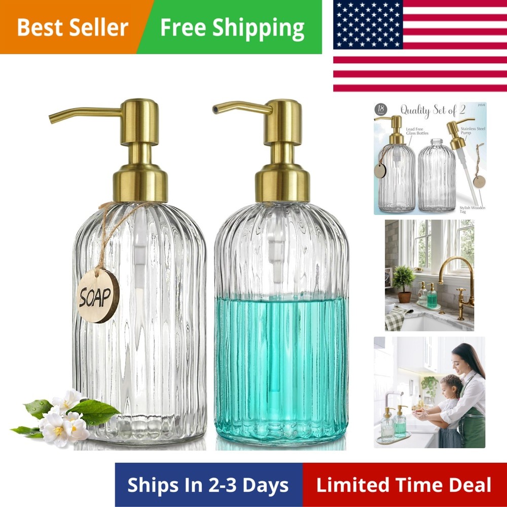 2PACK 18Oz Fluted Glass Soap Dispenser with Golden Rust Proof Pump, Refillabl...