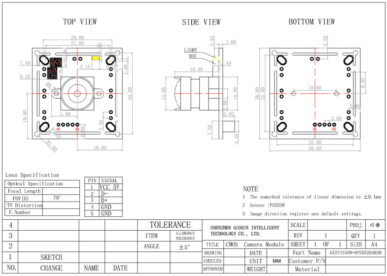 5MP USB Camera Module WDR High Dynamic Range 5-Megapixel 2592x1944 30fps PS5520