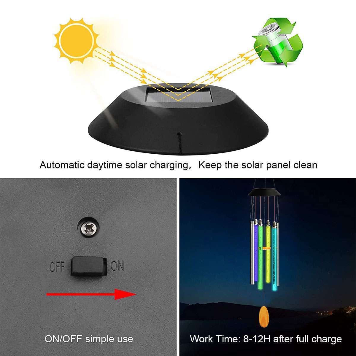 Color Changing Solar Wind Chimes LED Lights Large Deep Tone Resonant Bell Tubes