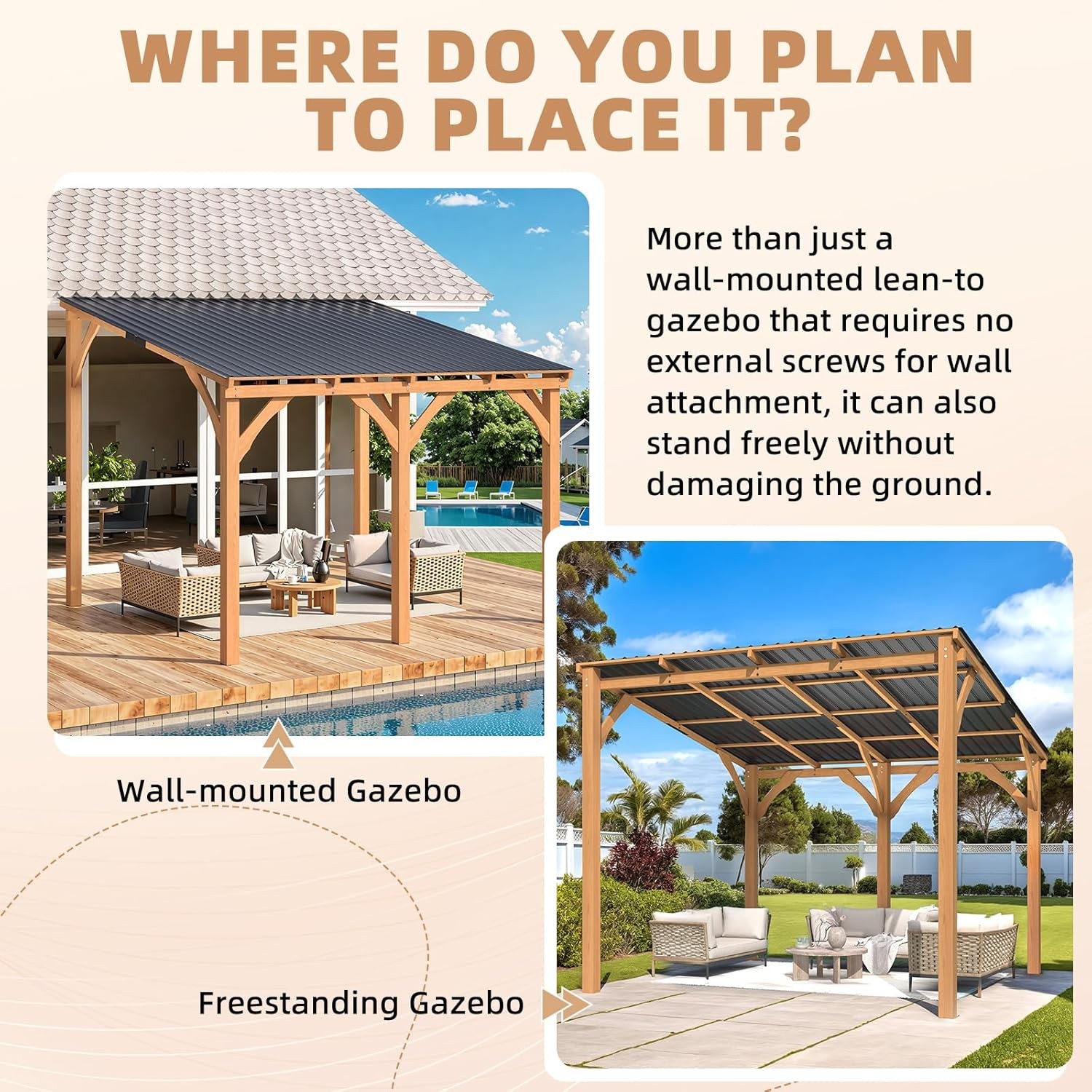 Outdoor Wood Gazebo for Patio, Outdoor Lean to Hardtop Cedar Pergolas/Gazebos
