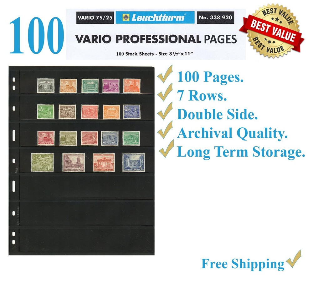 100 Lighthouse Vario 7S Stamp Stock Pages 7 Rows Sheets In Black Double Side New